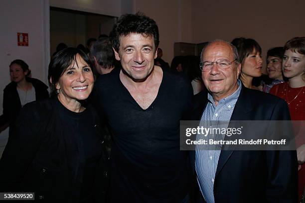 Patrick Bruel standing between Businessman Marc Ladreit de Lacharriere and his wife businesswoman Veronique Morali pose after the Concert of Patrick...