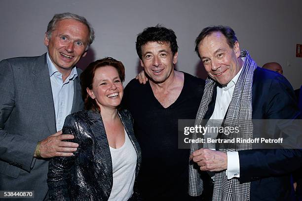 Vice-President of M6 Group Thomas Valentin, guest, singer Patrick Bruel and Xavier Couture pose after the Concert of Patrick Bruel at Theatre Du...