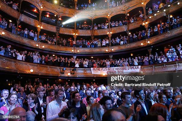 Illustration view of the public at the end of the Concert of Patrick Bruel at Theatre Du Chatelet on June 6, 2016 in Paris, France.