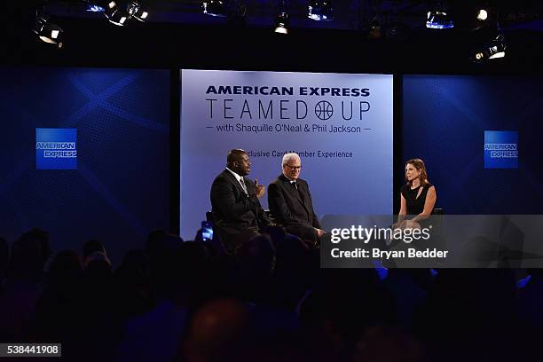 Journalist Hannah Storm moderates a panel discussion as American Express teams up with Shaquille O'Neal and Phil Jackson at the Altman Building on...