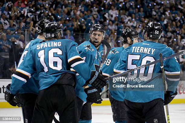 Brenden Dillon of the San Jose Sharks reacts to a goal by Melker Karlsson in the third period of Game Four of the 2016 NHL Stanley Cup Final at SAP...