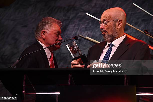 Chairman of the Broadway League, Bob Wankel and theatre lawyer Seth Gelblum speak onstage during the Tony Honors Cocktail Party presenting the 2016...