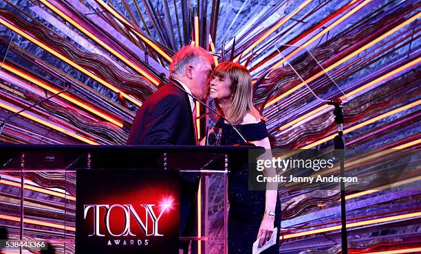 Chairman of the Broadway League, Bob Wankel and vocal coach Joan Lader appear onstage during the Tony Honors Cocktail Party presenting the 2016 Tony...