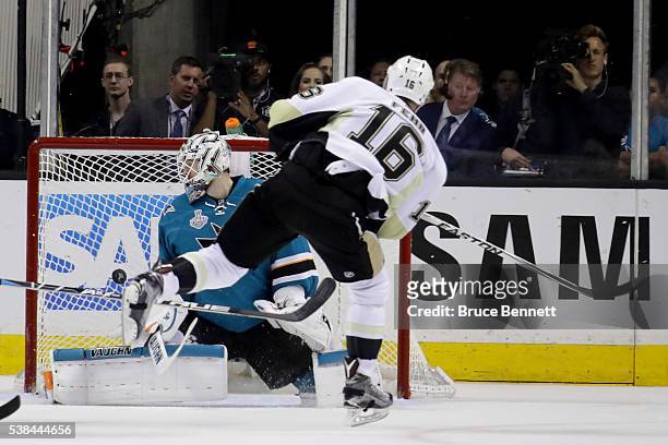 Martin Jones of the San Jose Sharks allows a goal to Eric Fehr of the Pittsburgh Penguins in the third period of Game Four of the 2016 NHL Stanley...