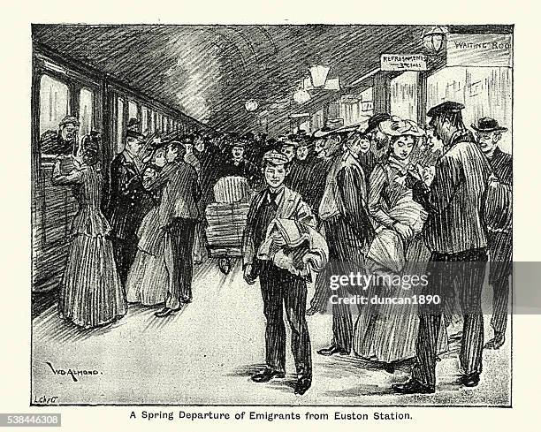 emigrants leaving from euston railway station 1894 - crowded train platform stock illustrations