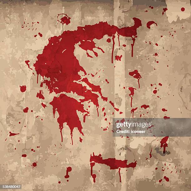 greece map graffiti red splats on wooden plank - blood smudge stock illustrations