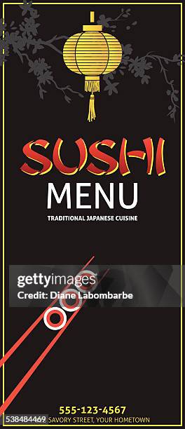 sushi restaurant menu or background with paper lantern and chopsticks - futomaki stock illustrations