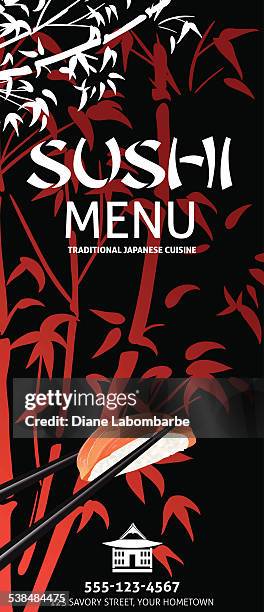 sushi-restaurant-menü-vorlage oder hintergrund mit bambus - speisekarte stock-grafiken, -clipart, -cartoons und -symbole