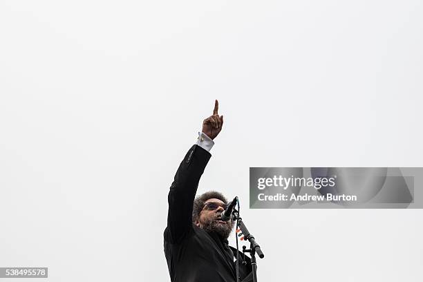Dr. Cornell West speaks at a rally held by Democratic presidential candidate Senator Bernie Sanders at the Presidio on June 6, 2016 in San Francisco,...