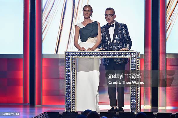 Heidi Klum and CFDA President and CEO Steven Kolb speaks onstage at the 2016 CFDA Fashion Awards at the Hammerstein Ballroom on June 6, 2016 in New...