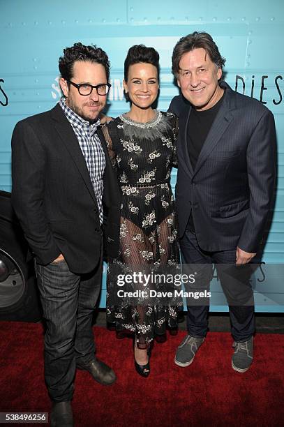 Executive producer J.J. Abrams, actress Carla Gugino and executive producer/director Cameron Crowe attend the premiere for Showtime's "Roadies" at...