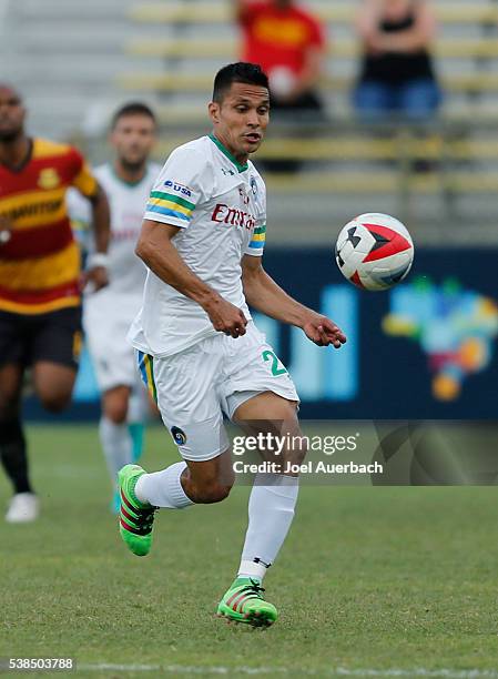 Jairo Arrieta of the New York Cosmos receives a pass against the Fort Lauderdale Strikers on June 4, 2016 at Lockhart Stadium in Fort Lauderdale,...