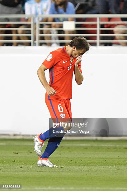 Jose Pedro Fuenzalida of Chile celebrates after scoring the first goal of his team during a group D match between Argentina and Chile at Levi's...