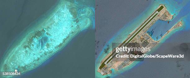 To JUNE 3, 2016: DigitalGlobe via Getty Images overview imagery comparing Fiery Cross Reef from May 31, 2014 to June 3, 2016. Fiery Cross is located...