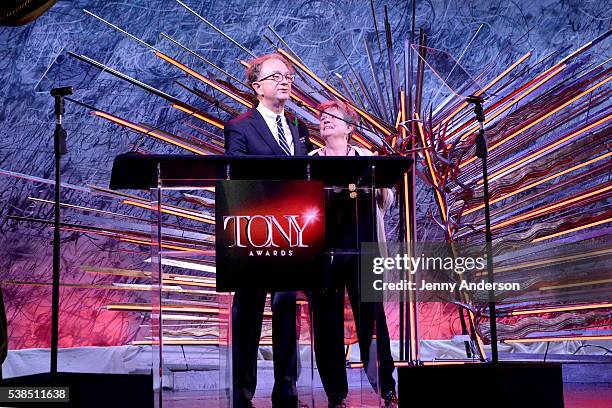 Chairman of the American Theater Wing, William Ivey Long and costume designer Sally Ann Parsons speak onstage during the Tony Honors Cocktail Party...