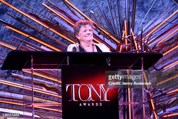 Costume designer Sally Ann Parsons speaks onstage during the Tony Honors Cocktail Party presenting the 2016 Tony Honors For Excellence In The Theatre...