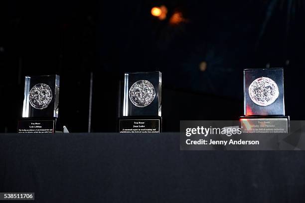 View of awards on display during the Tony Honors Cocktail Party presenting the 2016 Tony Honors For Excellence In The Theatre and honoring the 2016...