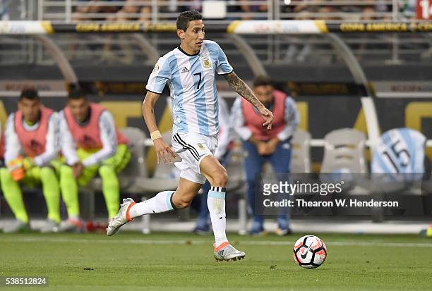 Angel Di Maria of Argentina dribbles the ball up field against Chile during the 2016 Copa America Centenario Group match play between Argentina and...