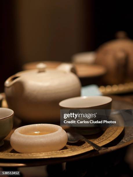 teacups and teapot with soft light - japanese tea cup stock pictures, royalty-free photos & images