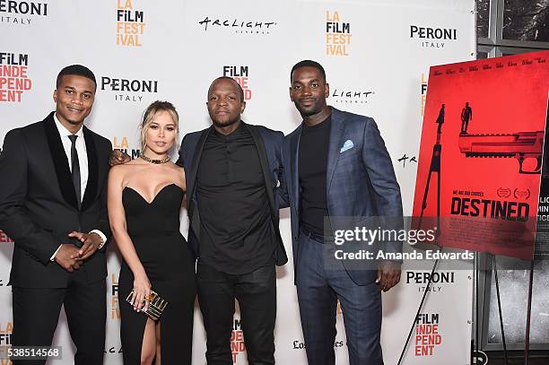 Actor Cory Hardrict, actress Zulay Henao filmmaker Qasim Basir, and actor Mo McRae attend the premiere of "Destined" during the 2016 Los Angeles Film...