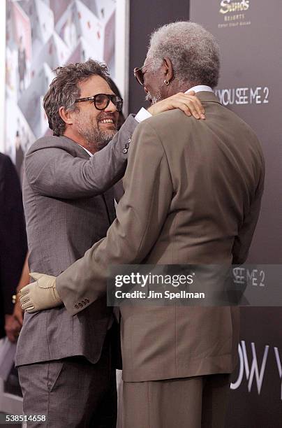 Actors Mark Ruffalo and Morgan Freeman attend the "Now You See Me 2" world premiere at AMC Loews Lincoln Square 13 theater on June 6, 2016 in New...