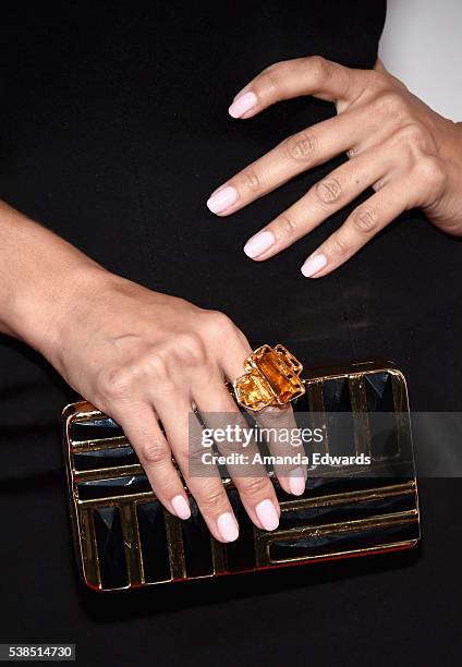 Actress Zulay Henao, ring, purse, manicure detail, attends the premiere of "Destined" during the 2016 Los Angeles Film Festival at Arclight Cinemas...