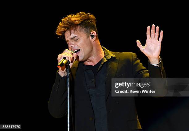 Singer Ricky Martin performs onstage during the "Hillary Clinton: She's With Us" concert at The Greek Theatre on June 6, 2016 in Los Angeles,...