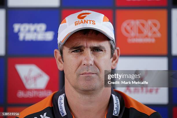 Giants coach Leon Cameron looks on during an AFL press conference at Spotless Stadium on June 7, 2016 in Sydney, Australia.Swans coach John Longmire...