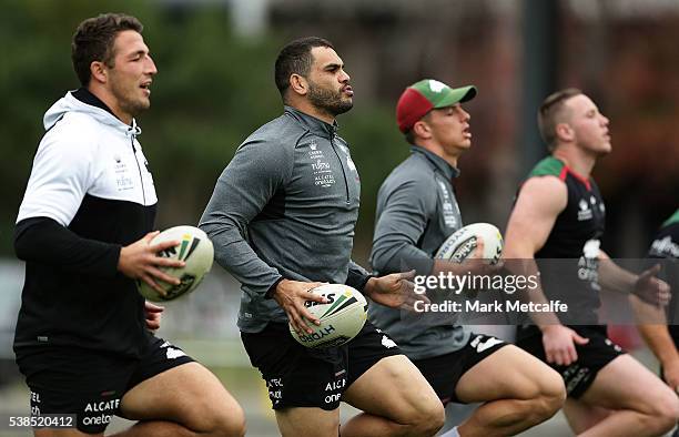 Sam Burgess and Greg Inglis warm up during a South Sydney Rabbitohs training session at Redfern Oval on June 7, 2016 in Sydney, Australia.