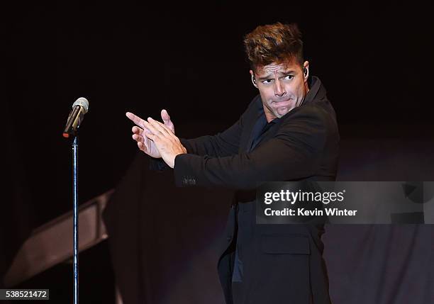 Singer Ricky Martin performs onstage during the "Hillary Clinton: She's With Us" concert at The Greek Theatre on June 6, 2016 in Los Angeles,...