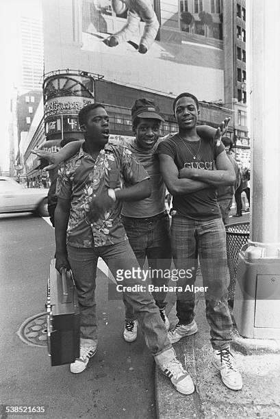 Trio of young men in Times Square, New York City, March 1987.