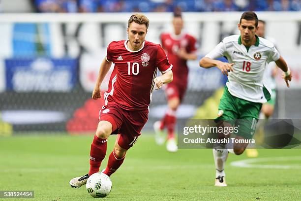 Christian Eriksen of Denmark in action during the international friendly match between Denmark and Bulgaria at the Suita City Football Stadium on...