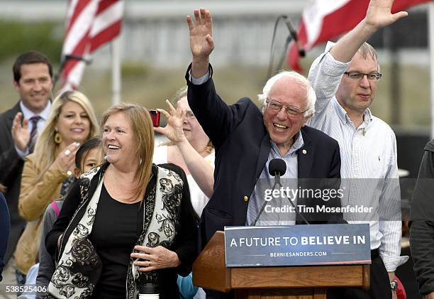 Bernie Sanders speaks at his A future to believe in San Francisco GOTV Concert at Crissy Field San Francisco on June 6, 2016 in San Francisco,...