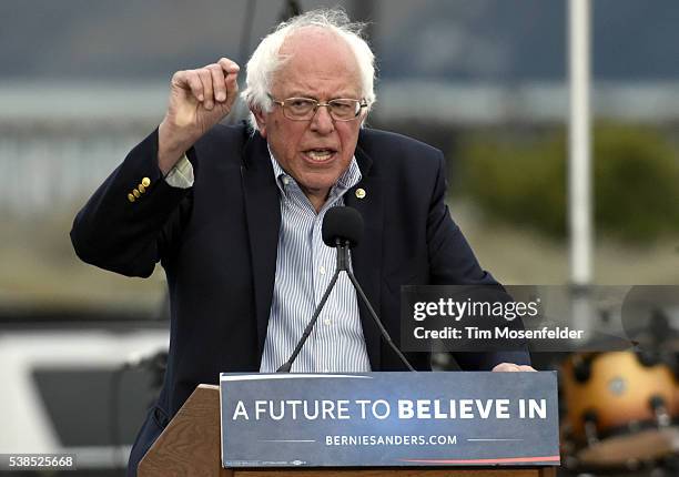 Bernie Sanders speaks at his A future to believe in San Francisco GOTV Concert at Crissy Field San Francisco on June 6, 2016 in San Francisco,...