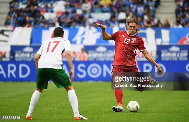 Jannik Vestergaard of Denmark in action during the international friendly match between Denmark and Bulgaria at the Suita City Football Stadium on...