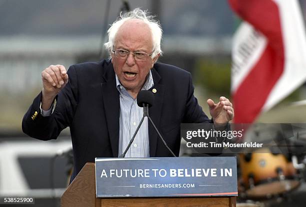 Bernie Sanders speaks at his A future to believe in San Francisco GOTV Concert at Crissy Field San Francisco on June 6, 2016 in San Francisco,...