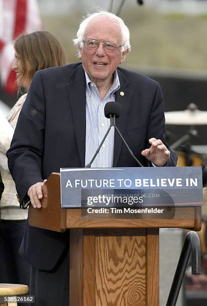 Bernie Sanders speaks at his A future to believe in San Francisco GOTV Concert at Crissy Field San Francisco on June 6, 2016 in San Francisco,...