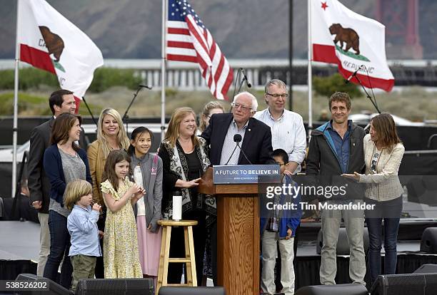 Bernie Sanders speaks at his A future to believe in San Francisco GOTV Concert at Crissy Field San Francisco on June 6, 2016 in San Francisco,...