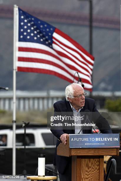 Bernie Sanders speaks at his A future to believe in San Francisco GOTV Concert at Crissy Field San Francisco on June 6, 2016 in San Francisco,...