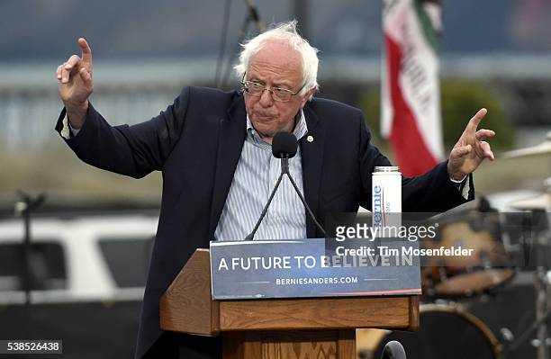Bernie Sanders speaks at his A future to believe in San Francisco GOTV Concert at Crissy Field San Francisco on June 6, 2016 in San Francisco,...