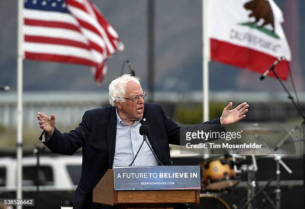 Bernie Sanders speaks at his A future to believe in San Francisco GOTV Concert at Crissy Field San Francisco on June 6, 2016 in San Francisco,...