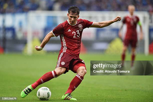 Pierre-Emile Hojbjerg of Denmark in action during the international friendly match between Denmark and Bulgaria at the Suita City Football Stadium on...