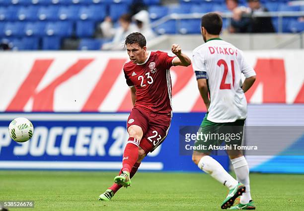 Pierre-Emile Hojbjerg of Denmark in action during the international friendly match between Denmark and Bulgaria at the Suita City Football Stadium on...
