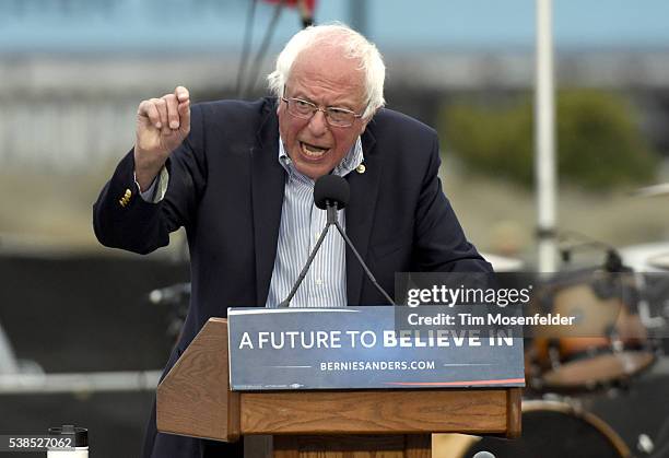 Bernie Sanders speaks at his A future to believe in San Francisco GOTV Concert at Crissy Field San Francisco on June 6, 2016 in San Francisco,...