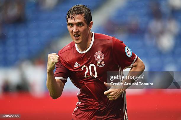 Morten Rasmussen of Denmark celebrates scoring his team's first goal during the international friendly match between Denmark and Bulgaria at the...