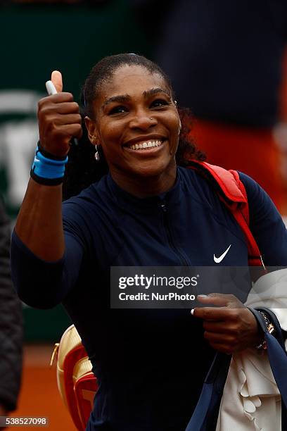 Serena Williams of US reacts during the match against Yulia Putintseva of Kazakhstan during the women's single quarter final match at the French Open...