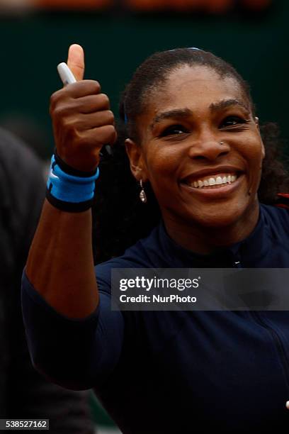 Serena Williams of US reacts during the match against Yulia Putintseva of Kazakhstan during the women's single quarter final match at the French Open...