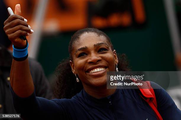 Serena Williams of US reacts during the match against Yulia Putintseva of Kazakhstan during the women's single quarter final match at the French Open...