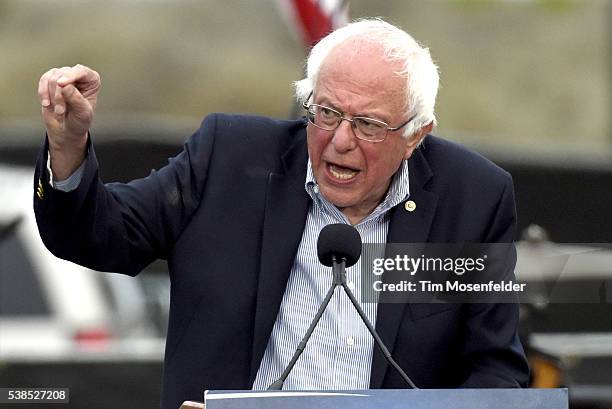 Bernie Sanders speaks at his A future to believe in San Francisco GOTV Concert at Crissy Field San Francisco on June 6, 2016 in San Francisco,...