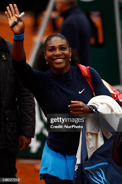 Serena Williams of US reacts during the match against Yulia Putintseva of Kazakhstan during the women's single quarter final match at the French Open...